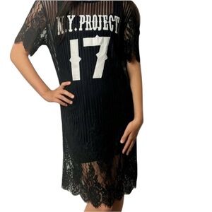 NY Project 17 Sheer Black Lace Midi Dress Scalloped Hem and Sleeves